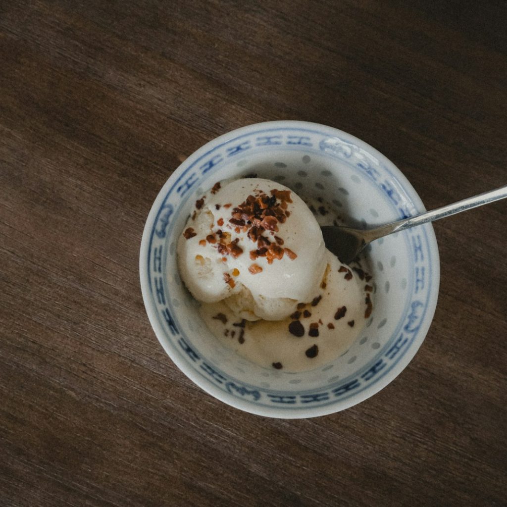 A bowl of ice cream with a spoon in it